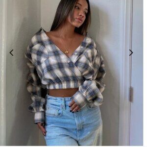 Emory Park Womens Sz S Blue Cream Flannel Oversized V-Neck Cropped Elastic Waist